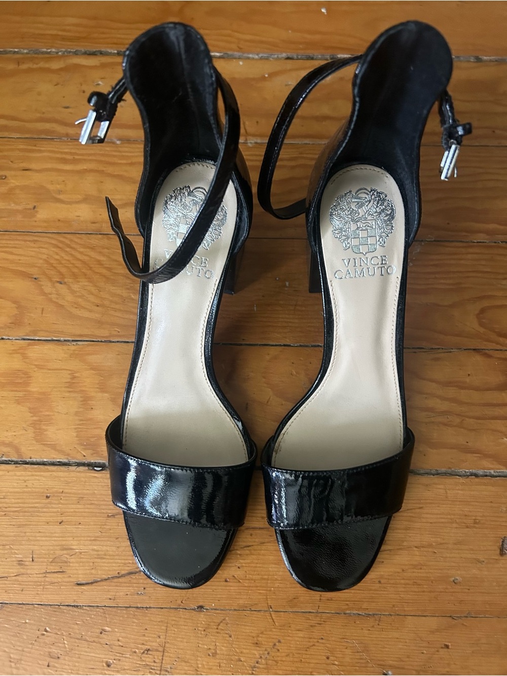 Vince Camuto Black Patent Leather Block Heel Ankle-Strap Sandals size 8